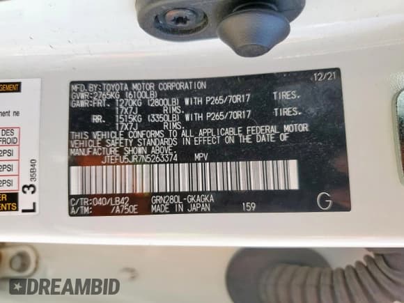 ✅ 2022 Toyota 4Runner SR5 Premium • VIN: JTEFU5JR7N5263374 • Lot: 80753105. Listed on Copart with 69,609 mi. Free auction sales archive from the USA and detailed vehicle history report at DreamBid. Image 14.