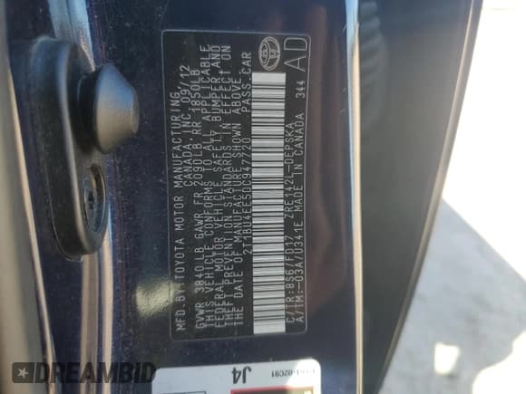 ✅ 2013 Toyota Corolla S • VIN: 2T1BU4EE5DC947720 • Lot: 82379175. Listed on Copart with 174,133 mi. Free auction sales archive from the USA and detailed vehicle history report at DreamBid. Image 12.