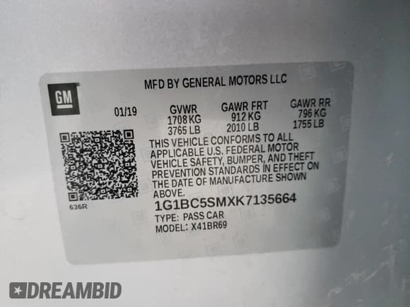 ✅ 2019 Chevrolet Cruze LS • VIN: 1G1BC5SMXK7135664 • Lot: 40710993. Listed on Copart with 103,101 mi. Free auction sales archive from the USA and detailed vehicle history report at DreamBid. Image 12.