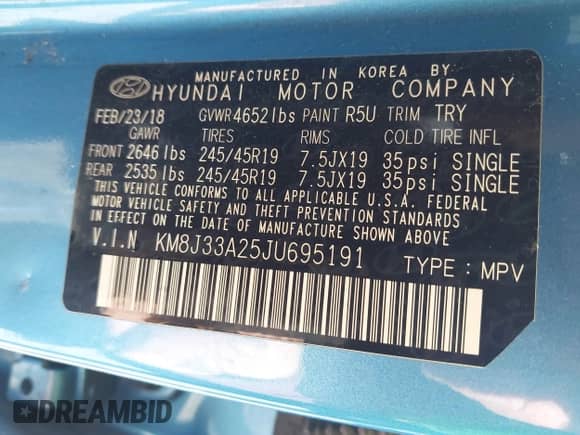 2018 Hyundai Tucson Limited with VIN KM8J33A25JU695191, listed as a IAAI auction lot 41498324 with Not provided miles and . Bid and sale history available at DreamBid. Image 9.