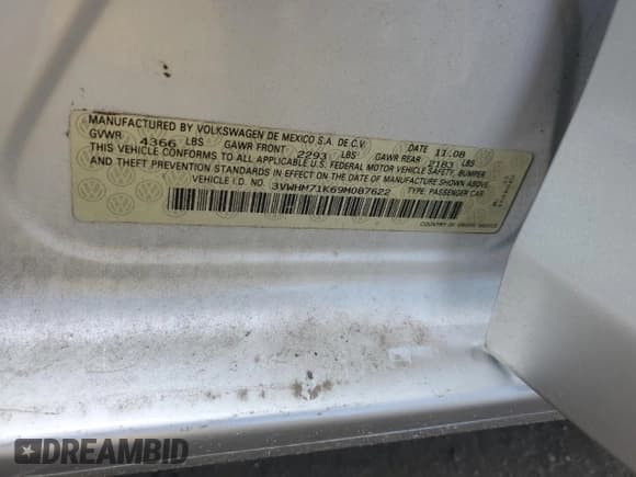 ✅ 2009 Volkswagen Jetta S • VIN: 3VWHM71K69M087622 • Lot: 81668285. Wystawiony na Copart z przebiegiem 229 683 mil. Bezpłatny archiwum sprzedaży aukcyjnych z USA i szczegółowy raport historii pojazdu na DreamBid. Zdjęcie 12.