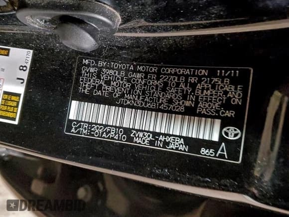 ✅ 2011 Toyota Prius I • VIN: JTDKN3DU6B1457028 • Lot: 96405185. Listed on Copart with 147,976 mi. Free auction sales archive from the USA and detailed vehicle history report at DreamBid. Image 13.