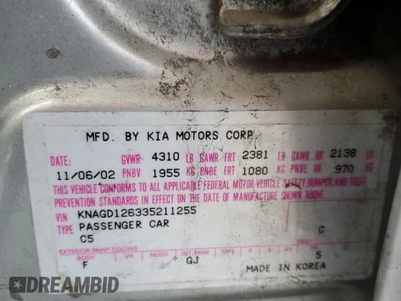 ✅ 2003 Kia Optima LX • VIN: KNAGD126335211255 • Лот: 60637665. Опубликован ранее на Copart с пробегом Не указан. Бесплатный доступ к архиву аукционных продаж из США и подробный отчёт об истории автомобиля на DreamBid. Изображение 12.