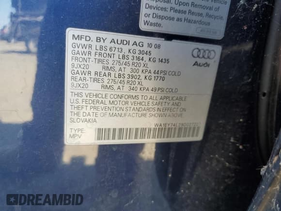 ✅ 2009 Audi Q7 Premium Plus • VIN: WA1EY74L29D027227 • Lot: 72714054. Listed on Copart with 116,194 mi. Free auction sales archive from the USA and detailed vehicle history report at DreamBid. Image 15.