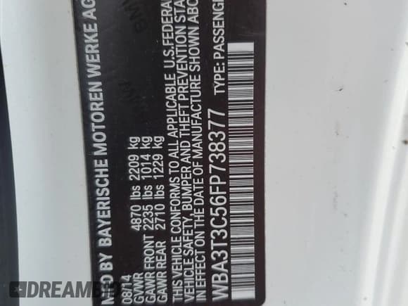 ✅ 2015 BMW 4 Series 435i • VIN: WBA3T3C56FP738377 • Lot: 86660255. Listed on Copart with 124,468 mi. Free auction sales archive from the USA and detailed vehicle history report at DreamBid. Image 12.