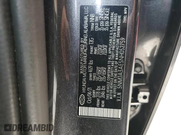 2022 Hyundai Tucson SE with VIN 5NMJA3AE5NH052759, listed as a Copart auction lot 90626665 with 58,295 mi miles and Salvage title. Bid and sale history available at DreamBid. Image 14.