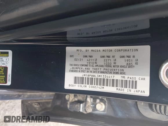 ✅ 2021 Mazda 3 Select • VIN: JM1BPBBL3M1334417 • Lot: 42296677. Listed on IAAI with 37,142 mi. Free auction sales archive from the USA and detailed vehicle history report at DreamBid. Image 9.