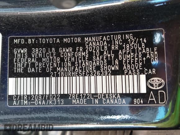 ✅ 2015 Toyota Corolla LE • VIN: 2T1BURHE5FC326392 • Лот: 43438386. Опубликован ранее на IAAI с пробегом 119 528 миль. Бесплатный доступ к архиву аукционных продаж из США и подробный отчёт об истории автомобиля на DreamBid. Изображение 9.