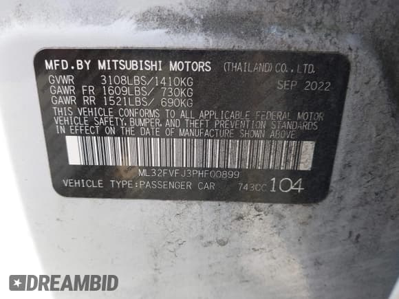 ✅ 2023 Mitsubishi Mirage SE • VIN: ML32FVFJ3PHF00899 • Lot: 42106066. Listed on IAAI with 35,720 mi. Free auction sales archive from the USA and detailed vehicle history report at DreamBid. Image 9.