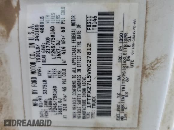 ✅ 1997 Ford F-250 • VIN: 1FTFX27L5VNC27812 • Lot: 54227715. Wystawiony na Copart z przebiegiem 389 172 mil. Bezpłatny archiwum sprzedaży aukcyjnych z USA i szczegółowy raport historii pojazdu na DreamBid. Zdjęcie 12.