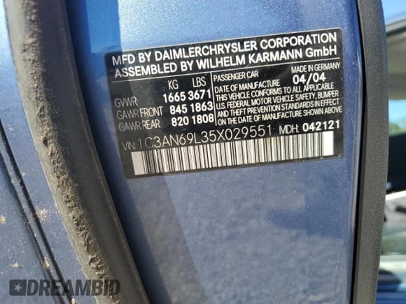 ✅ 2005 Chrysler Crossfire Limited • VIN: 1C3AN69L35X029551 • Lot: 92611625. Listed on Copart with 79,781 mi. Free auction sales archive from the USA and detailed vehicle history report at DreamBid. Image 12.