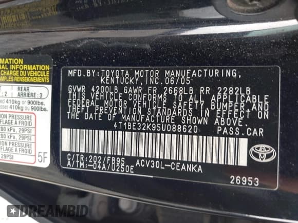 ✅ 2005 Toyota Camry LE • VIN: 4T1BE32K95U088620 • Lot: 43289289. Listed on IAAI with 205,013 mi. Free auction sales archive from the USA and detailed vehicle history report at DreamBid. Image 9.