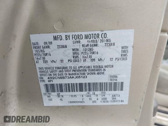 2010 Mercury Mariner z VIN 4M2CN8B73AKJ05123, wystawiony jako IAAI lot #42512923 z przebiegiem 240 736 mil mil oraz . Historia ofert i sprzedaży dostępna na DreamBid. Obrazek 9.