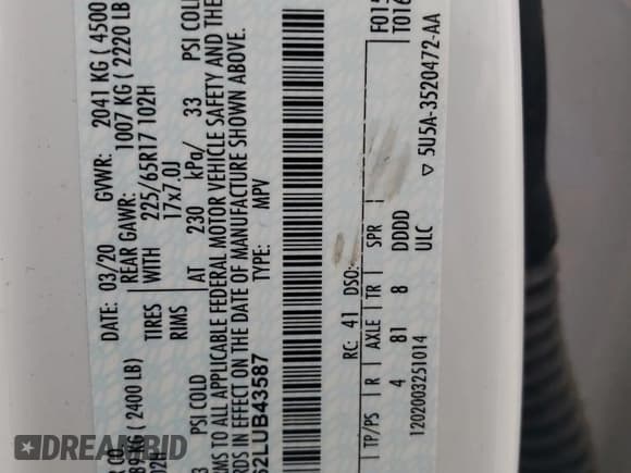 ✅ 2020 Ford Escape SE • VIN: 1FMCU9G62LUB43587 • Lot: 53842745. Listed on Copart with 94,947 mi. Free auction sales archive from the USA and detailed vehicle history report at DreamBid. Image 13.