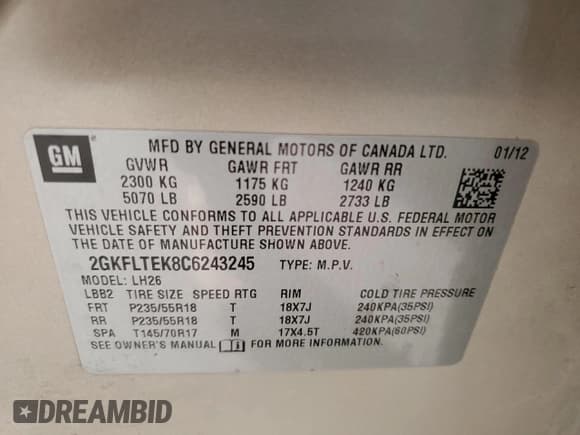 ✅ 2012 GMC Terrain SLE-2 • VIN: 2GKFLTEK8C6243245 • Lot: 92719855. Listed on Copart with 150,371 mi. Free auction sales archive from the USA and detailed vehicle history report at DreamBid. Image 13.