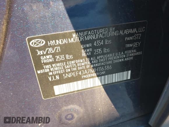 ✅ 2021 Hyundai Sonata SEL • VIN: 5NPEF4JA7MH116386 • Lot: 43468052. Listed on IAAI with 61,723 mi. Free auction sales archive from the USA and detailed vehicle history report at DreamBid. Image 9.