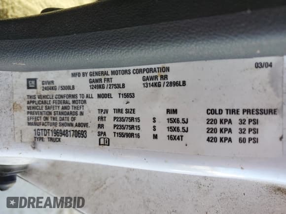 ✅ 2004 GMC Canyon SLE Z71 • VIN: 1GTDT196948170693 • Lot: 81093474. Listed on Copart with 96,921 mi. Free auction sales archive from the USA and detailed vehicle history report at DreamBid. Image 13.