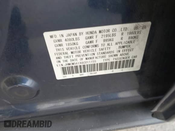 2006 Honda Accord VP with VIN JHMCM561X6C011155, listed as a IAAI auction lot 42961672 with 146,818 mi miles and . Bid and sale history available at DreamBid. Image 9.
