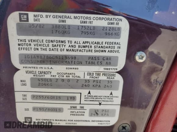 ✅ 1982 Chevrolet Corvette • VIN: 1G1AY8786C5113698 • Лот: 62890565. Опубликован ранее на Copart с пробегом 53 949 миль. Бесплатный доступ к архиву аукционных продаж из США и подробный отчёт об истории автомобиля на DreamBid. Изображение 12.