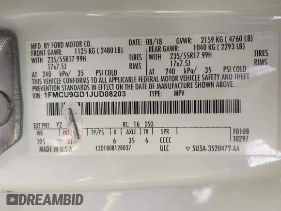 ✅ 2018 Ford Escape SE • VIN: 1FMCU9GD1JUD08203 • Лот: 43443399. Опубликован ранее на IAAI с пробегом 147 062 миль. Бесплатный доступ к архиву аукционных продаж из США и подробный отчёт об истории автомобиля на DreamBid. Изображение 9.