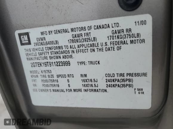 ✅ 2001 GMC Sierra 1500 SLE • VIN: 2GTEK19T911223999 • Lot: 89730005. Wystawiony na Copart z przebiegiem 154 964 mil. Bezpłatny archiwum sprzedaży aukcyjnych z USA i szczegółowy raport historii pojazdu na DreamBid. Zdjęcie 12.