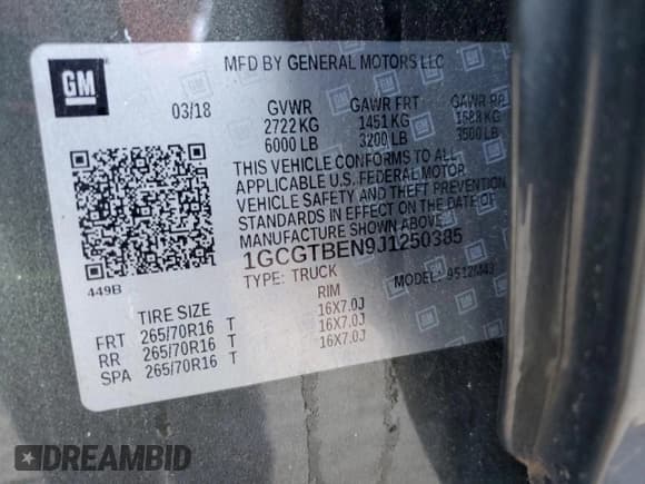 ✅ 2018 Chevrolet Colorado 4WD Work Truck • VIN: 1GCGTBEN9J1250385 • Lot: 87182265. Wystawiony na Copart z przebiegiem 95 530 mil. Bezpłatny archiwum sprzedaży aukcyjnych z USA i szczegółowy raport historii pojazdu na DreamBid. Zdjęcie 12.