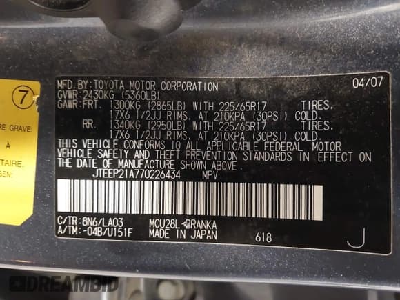 ✅ 2007 Toyota Highlander w/3rd Row • VIN: JTEEP21A770226434 • Lot: 43446010. Wystawiony na IAAI z przebiegiem 282 186 mil. Bezpłatny archiwum sprzedaży aukcyjnych z USA i szczegółowy raport historii pojazdu na DreamBid. Zdjęcie 9.