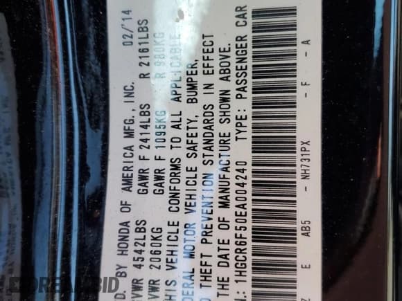 ✅ 2014 Honda Accord EX-L • VIN: 1HGCR6F50EA004240 • Lot: 93092335. Wystawiony na Copart z przebiegiem 146 111 mil. Bezpłatny archiwum sprzedaży aukcyjnych z USA i szczegółowy raport historii pojazdu na DreamBid. Zdjęcie 12.