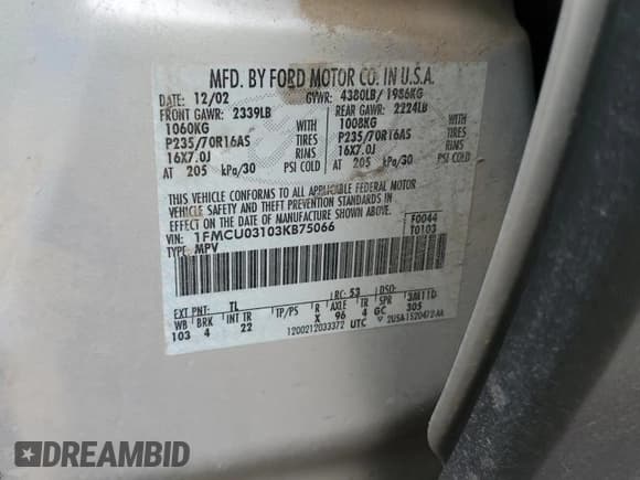 ✅ 2003 Ford Escape XLT Popular • VIN: 1FMCU03103KB75066 • Lot: 64523245. Listed on Copart with 228,232 mi. Free auction sales archive from the USA and detailed vehicle history report at DreamBid. Image 13.