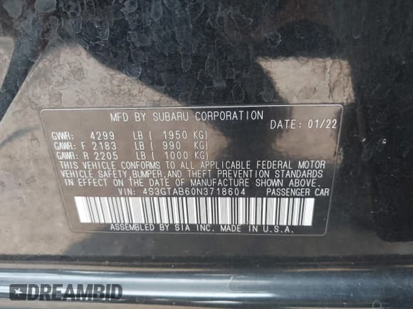 ✅ 2022 Subaru Impreza • VIN: 4S3GTAB60N3718604 • Lot: 42904105. Wystawiony na IAAI z przebiegiem 38 331 mil. Bezpłatny archiwum sprzedaży aukcyjnych z USA i szczegółowy raport historii pojazdu na DreamBid. Zdjęcie 9.