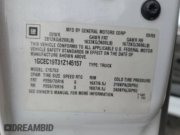 2001 Chevrolet Silverado 1500 LT with VIN 1GCEC19T31Z145157, listed as a Copart auction lot 81838795 with 170,081 mi miles and Salvage title. Bid and sale history available at DreamBid. Image 12.