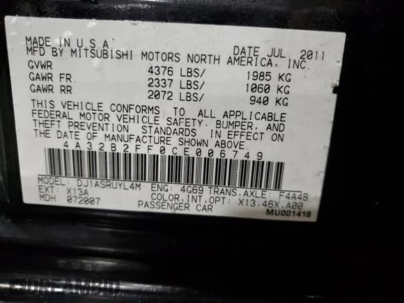 ✅ 2012 Mitsubishi Galant FE • VIN: 4A32B2FF0CE006749 • Lot: 56602695. Listed on Copart with 184,605 mi. Free auction sales archive from the USA and detailed vehicle history report at DreamBid. Image 13.