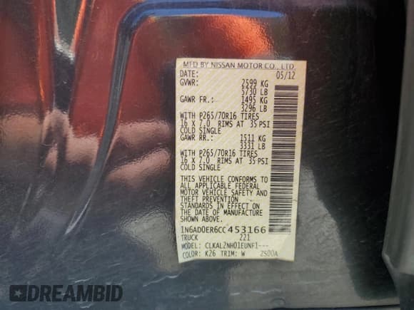 ✅ 2012 Nissan Frontier SV • VIN: 1N6AD0ER6CC453166 • Lot: 54729145. Listed on Copart with 112,918 mi. Free auction sales archive from the USA and detailed vehicle history report at DreamBid. Image 12.