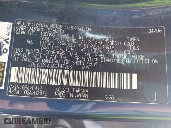 2006 Toyota Highlander z VIN JTEGD21A960147203, wystawiony jako IAAI lot #42781846 z przebiegiem 224 326 mil mil oraz . Historia ofert i sprzedaży dostępna na DreamBid. Obrazek 9.