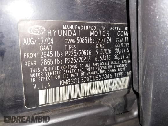 2005 Hyundai Santa Fe GLS с VIN KM8SC13DX5U857846, выставлен на аукционе IAAI как лот 41387042 с пробегом 179 407 миль миль и . История ставок и продаж доступна на DreamBid. Изображение 9.