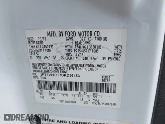 ✅ 2013 Ford F-150 XLT • VIN: 1FTFW1CT7DKD36453 • Lot: 43764912. Listed on IAAI with 331,307 mi. Free auction sales archive from the USA and detailed vehicle history report at DreamBid. Image 9.