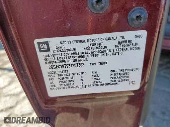 2003 Chevrolet Silverado 1500 LS with VIN 2GCEC19T931387303, listed as a Copart auction lot 65946904 with Not provided miles and Salvage title. Bid and sale history available at DreamBid. Image 12.