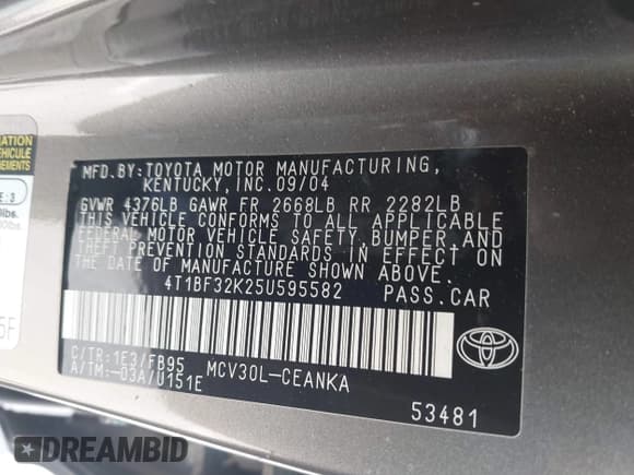 ✅ 2005 Toyota Camry LE • VIN: 4T1BF32K25U595582 • Lot: 43288592. Wystawiony na IAAI z przebiegiem 117 213 mil. Bezpłatny archiwum sprzedaży aukcyjnych z USA i szczegółowy raport historii pojazdu na DreamBid. Zdjęcie 9.