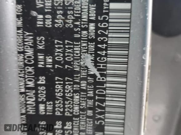 ✅ 2017 Hyundai Santa Fe 2.4L • VIN: 5XYZTDLB1HG443265 • Лот: 50356154. Опубликован ранее на Copart с пробегом 129 987 миль. Бесплатный доступ к архиву аукционных продаж из США и подробный отчёт об истории автомобиля на DreamBid. Изображение 12.