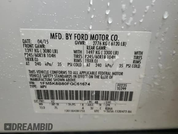 ✅ 2015 Ford Explorer • VIN: 1FM5K8B80FGC61674 • Lot: 90073875. Listed on Copart with 131,588 mi. Free auction sales archive from the USA and detailed vehicle history report at DreamBid. Image 13.