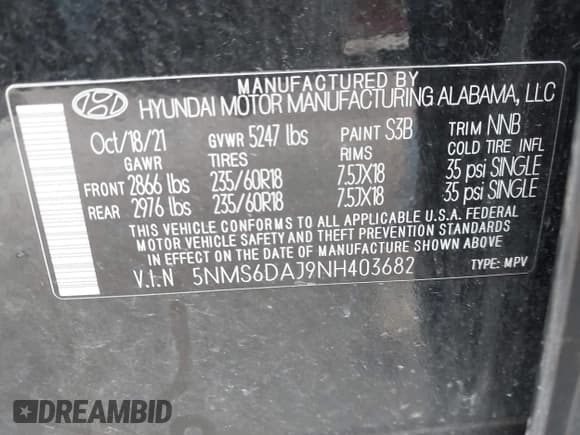 ✅ 2022 Hyundai Santa Fe SEL • VIN: 5NMS6DAJ9NH403682 • Лот: 42668902. Опубликован ранее на IAAI с пробегом 42 560 миль. Бесплатный доступ к архиву аукционных продаж из США и подробный отчёт об истории автомобиля на DreamBid. Изображение 9.