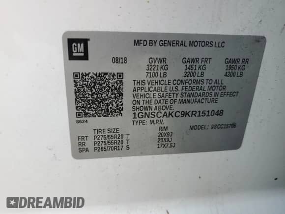 2019 Chevrolet Tahoe LS with VIN 1GNSCAKC9KR151048, listed as a Copart auction lot 69196595 with 100,702 mi miles and Salvage title. Bid and sale history available at DreamBid. Image 13.