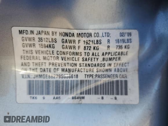 ✅ 2009 Honda Fit • VIN: JHMGE88279S056618 • Lot: 85530525. Listed on Copart with 117,815 mi. Free auction sales archive from the USA and detailed vehicle history report at DreamBid. Image 12.