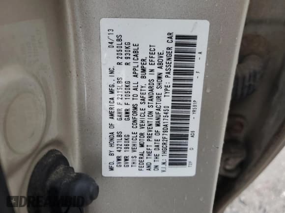 ✅ 2013 Honda Accord EX • VIN: 1HGCR2F79DA175450 • Lot: 90492875. Listed on Copart with 168,432 mi. Free auction sales archive from the USA and detailed vehicle history report at DreamBid. Image 12.