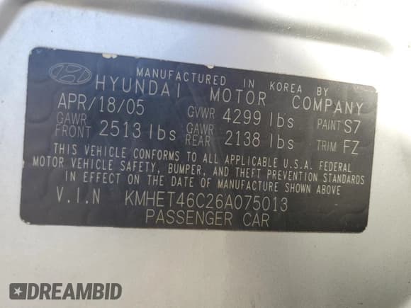 ✅ 2006 Hyundai Sonata GL • VIN: KMHET46C26A075013 • Лот: 88039285. Опубликован ранее на Copart с пробегом 91 189 миль. Бесплатный доступ к архиву аукционных продаж из США и подробный отчёт об истории автомобиля на DreamBid. Изображение 14.