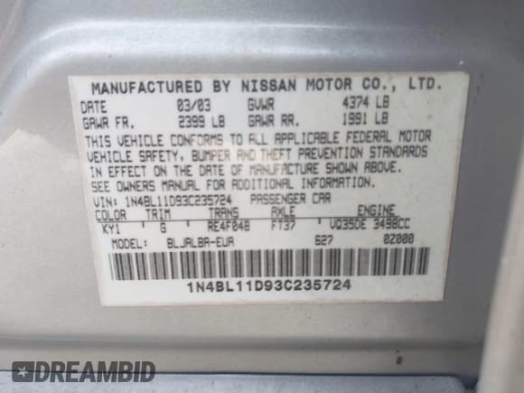 ✅ 2003 Nissan Altima SE • VIN: 1N4BL11D93C235724 • Lot: 43648389. Listed on IAAI with 78,369 mi. Free auction sales archive from the USA and detailed vehicle history report at DreamBid. Image 9.