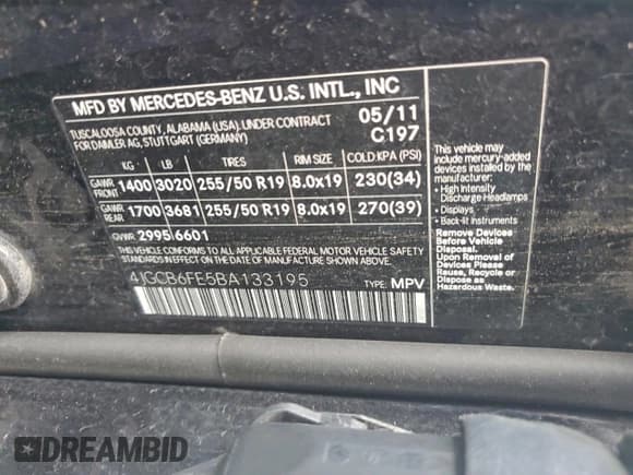 ✅ 2011 Mercedes-Benz R 350 • VIN: 4JGCB6FE5BA133195 • Lot: 94754335. Listed on Copart with 104,021 mi. Free auction sales archive from the USA and detailed vehicle history report at DreamBid. Image 12.