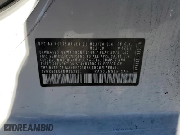 ✅ 2021 Volkswagen Jetta S • VIN: 3VWC57BU8MM053357 • Lot: 90478015. Wystawiony na Copart z przebiegiem 49 683 mil. Bezpłatny archiwum sprzedaży aukcyjnych z USA i szczegółowy raport historii pojazdu na DreamBid. Zdjęcie 12.