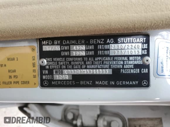 ✅ 1987 Mercedes-Benz 300 D • VIN: WDBEB33D3HA344815 • Lot: 43716715. Listed on Copart with 318,372 mi. Free auction sales archive from the USA and detailed vehicle history report at DreamBid. Image 12.