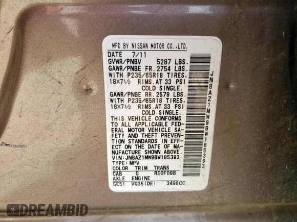 ✅ 2011 Nissan Murano S • VIN: JN8AZ1MW9BW185393 • Lot: 85168735. Wystawiony na Copart z przebiegiem 199 973 mil. Bezpłatny archiwum sprzedaży aukcyjnych z USA i szczegółowy raport historii pojazdu na DreamBid. Zdjęcie 13.